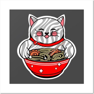 Ramen Noodle Bowl Kawaii Cat Eating Ramen Noodles Posters and Art